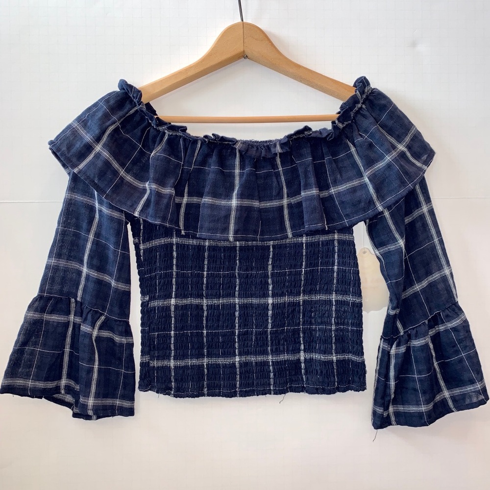 Altar’d State Linen Blue & White Plaid Top W/Bell Sleeves